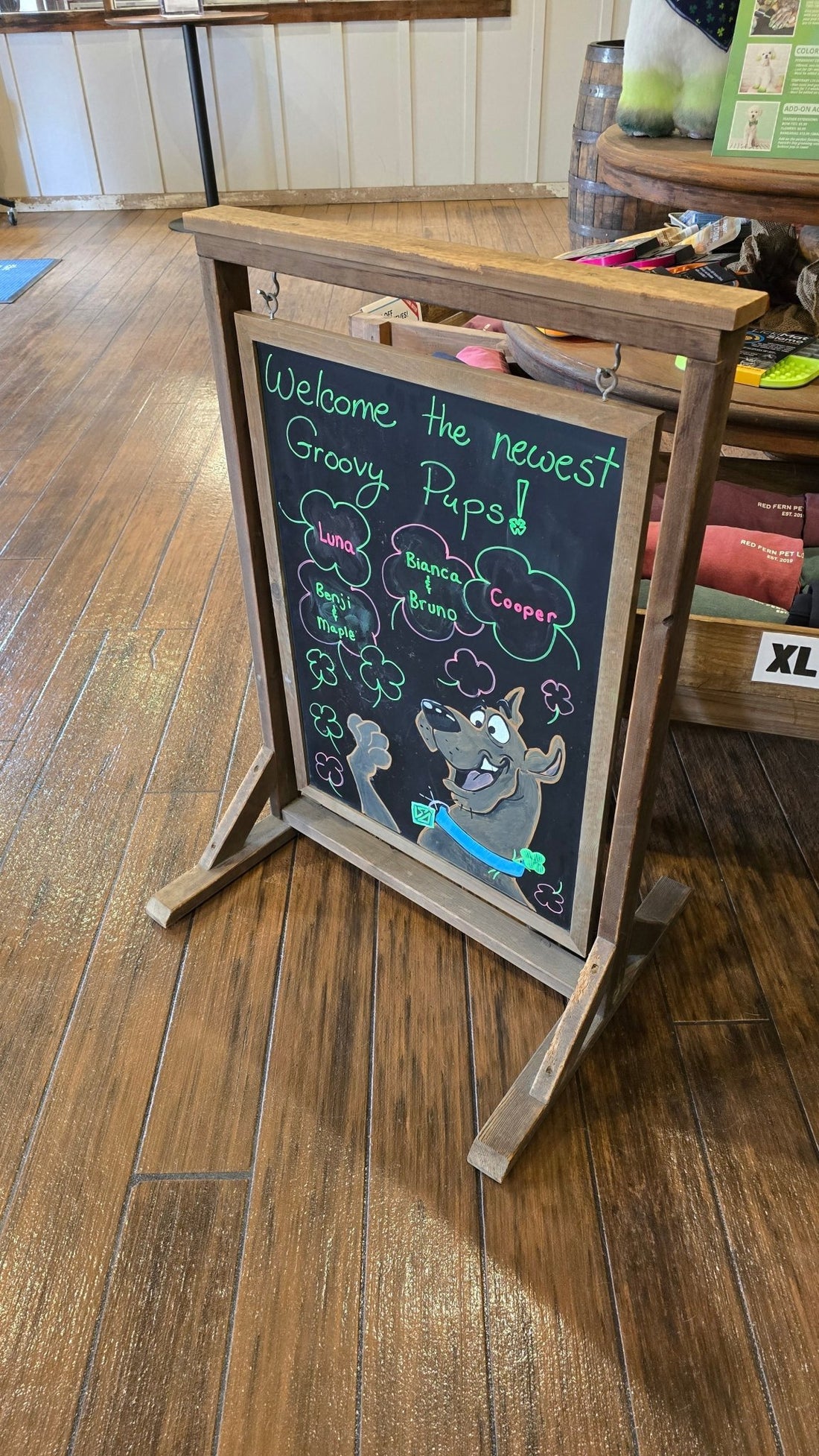 Welcome chalkboard sign at doggy daycare with Luna's name on it – Adventures With Luna